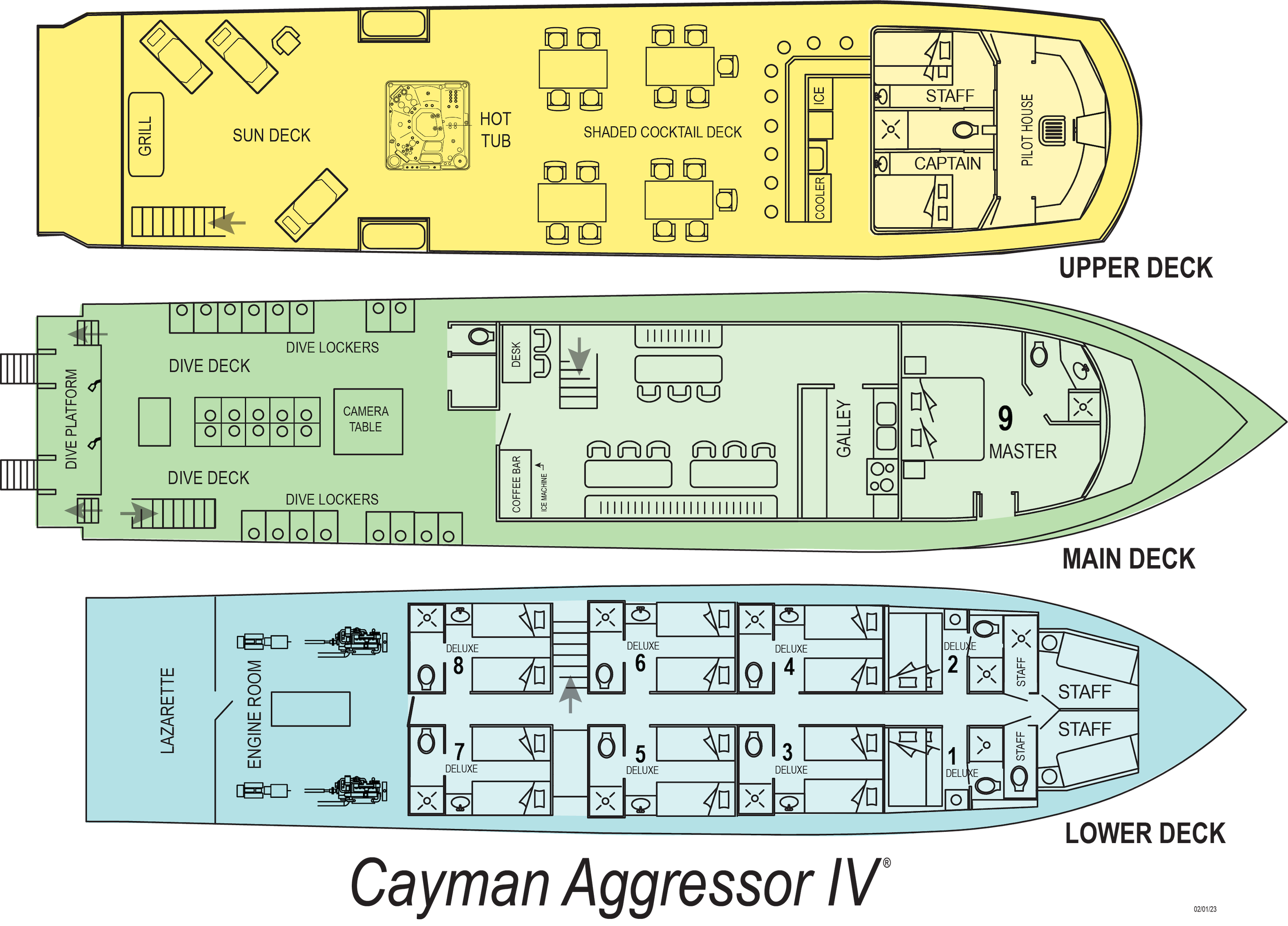 Detailed deck plan of the Cayman Islands  Aggressor IV showing cabin layouts and common areas