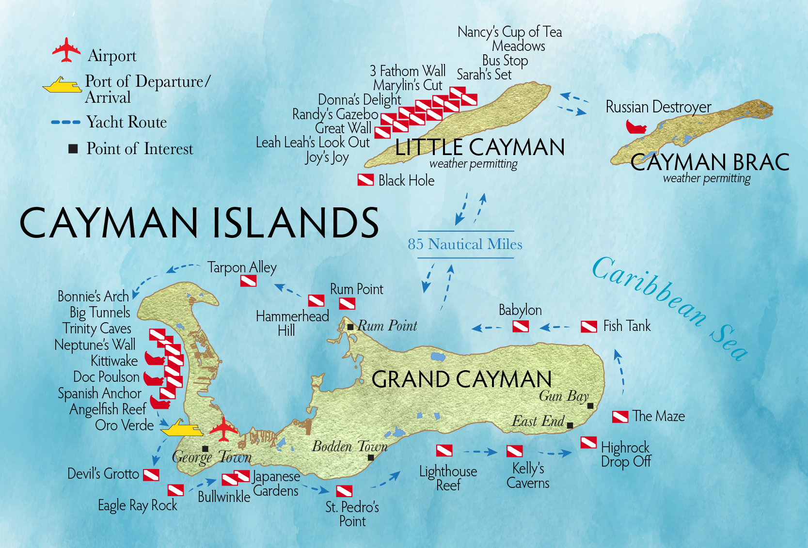 Cayman Islands liveaboard route map showing Grand Cayman, Little Cayman, Cayman Brac, Russian Destroyer, M/V Kittywake, Bloody Bay Wall