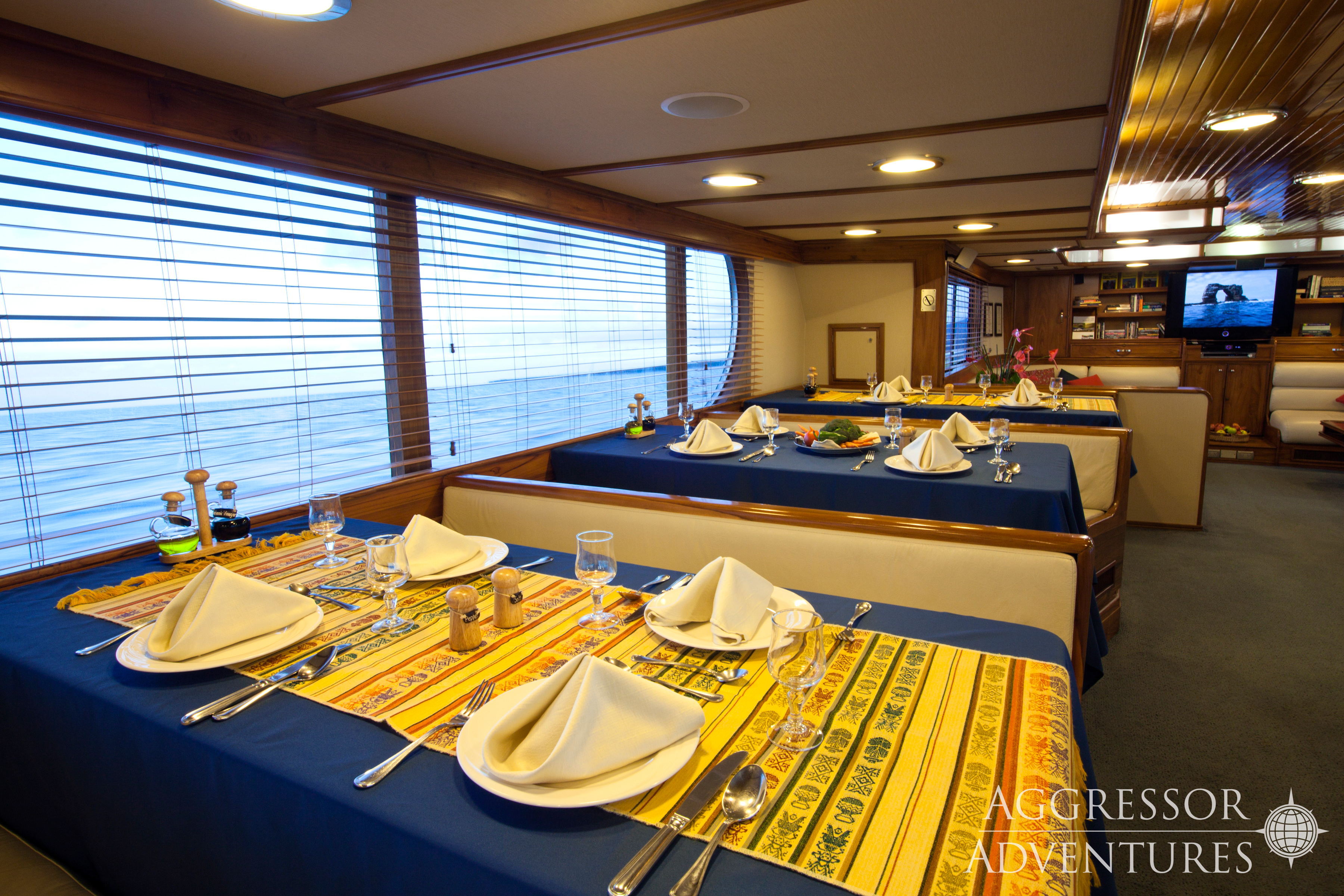 Spacious dining area for delicious meals prepared by the yacht's chef aboard Galapagos Aggressor III