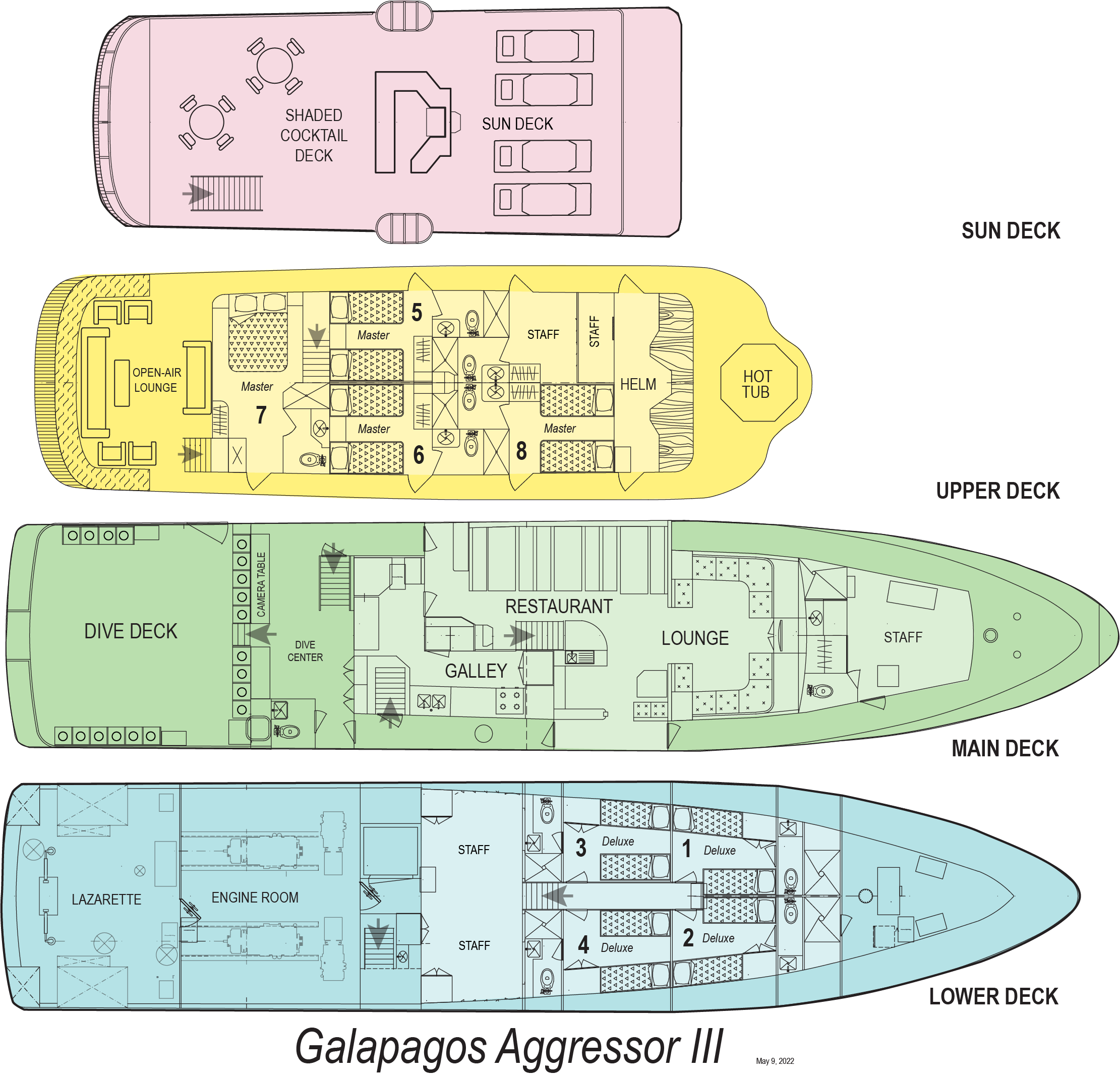 Detailed deck plan of Galapagos Aggressor III showing cabin layouts and common areas