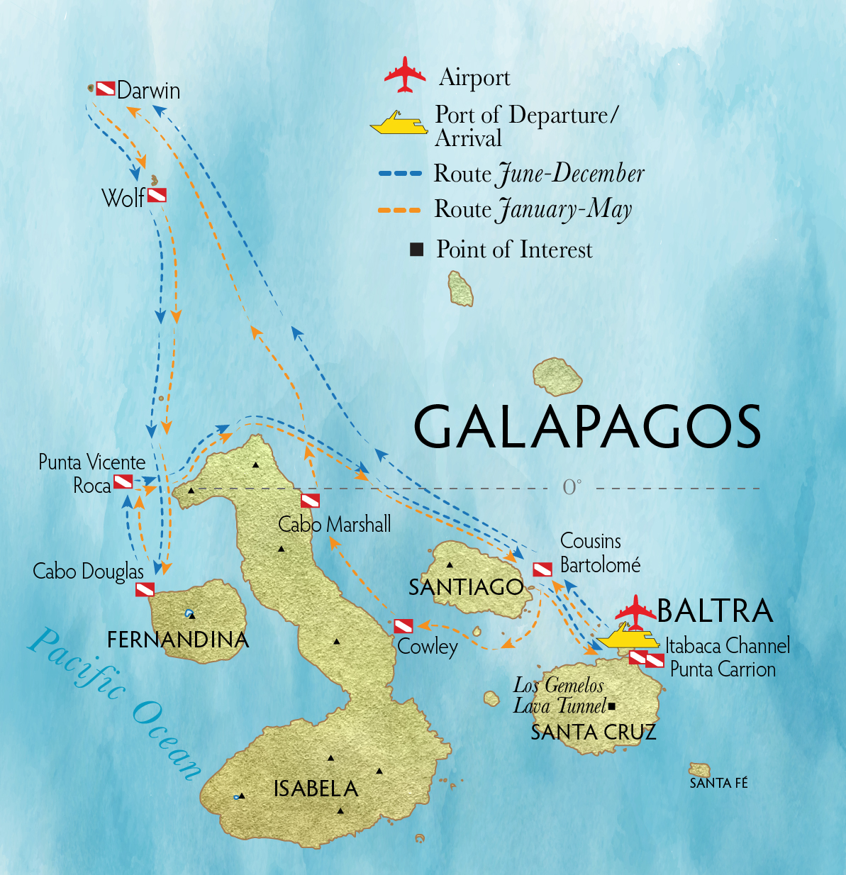 Galapagos Islands liveaboard route map showing Santa Cruz Island, Cousins, Bartolome, Darwin Island, Wolf Island, Punta Vicente Roca, Cabo Douglas, Ferandina Island, Isabela Island, Santiago Island, Cabo Marshal and Cowley