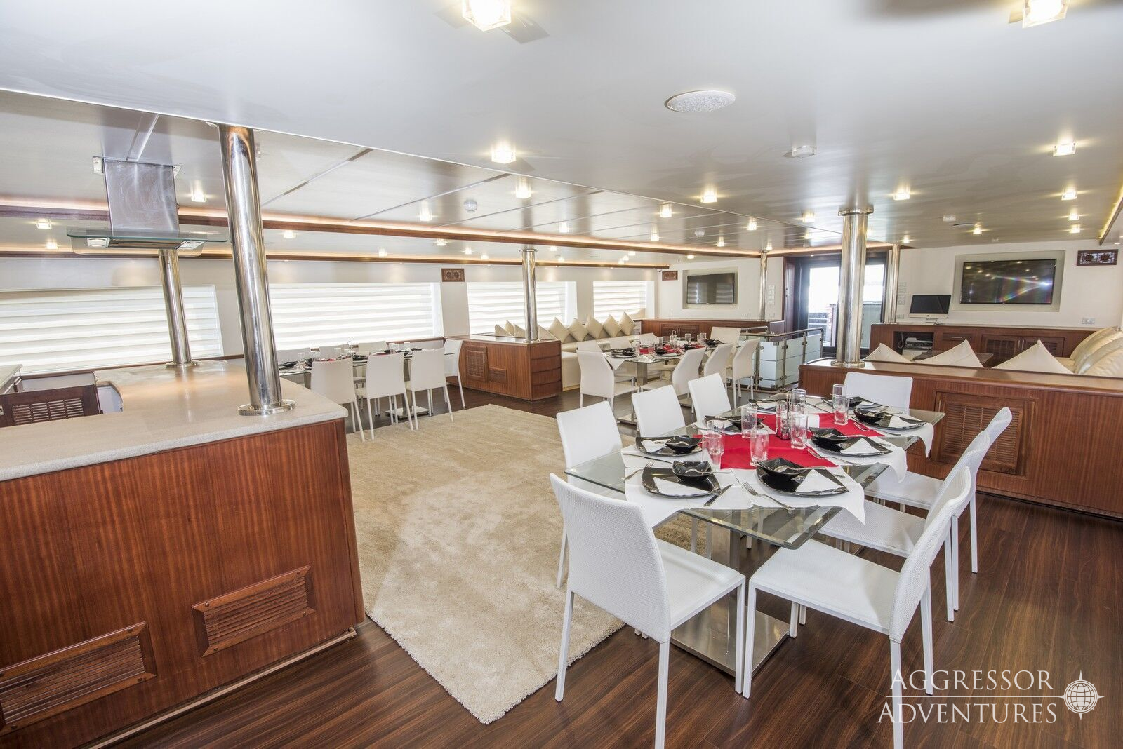 Spacious dining area for delicious meals prepared by the yacht's chef aboard Maldives Aggressor II