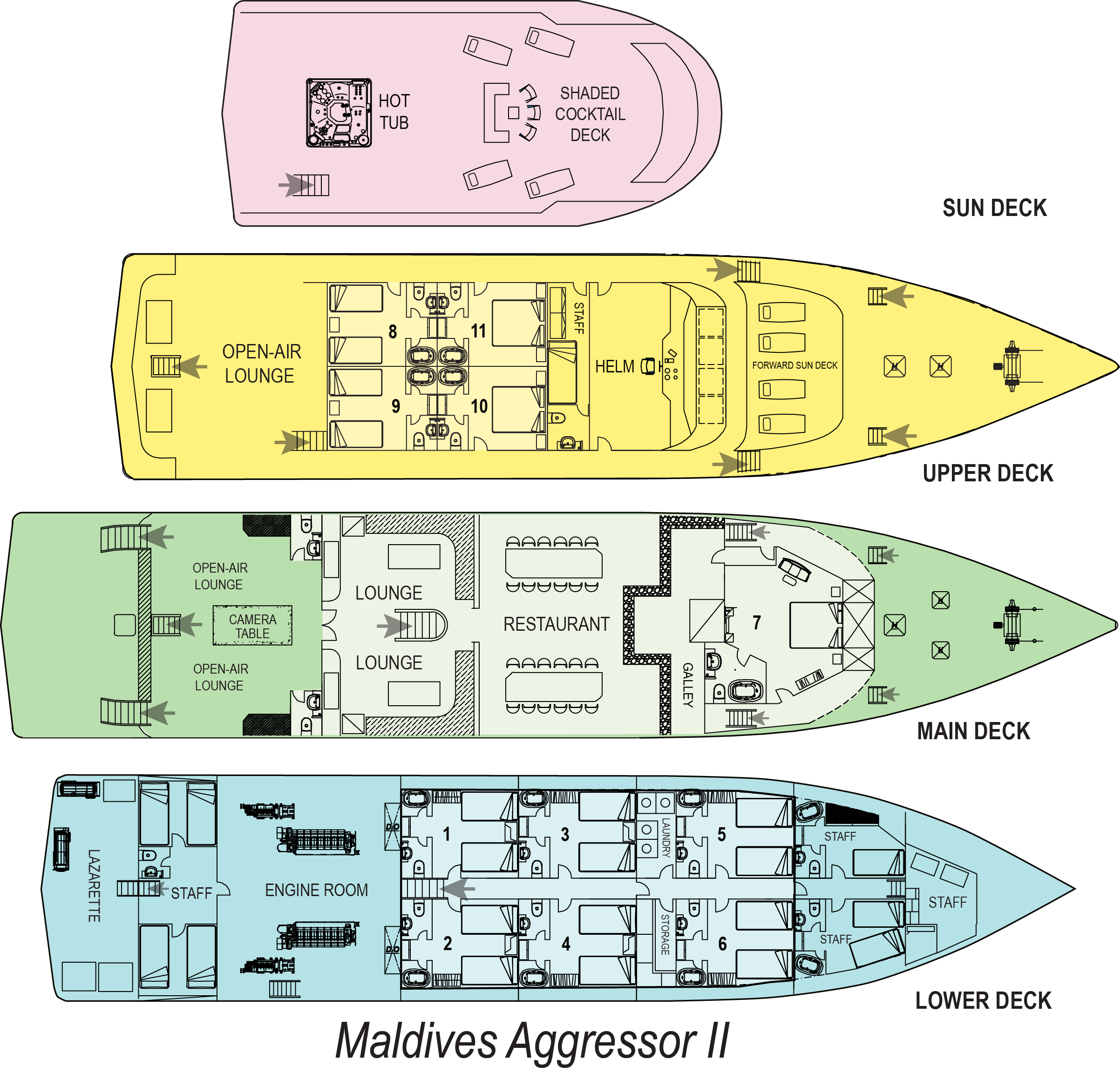 Detailed deck plan of Maldives Aggressor II showing cabin layouts and common areas