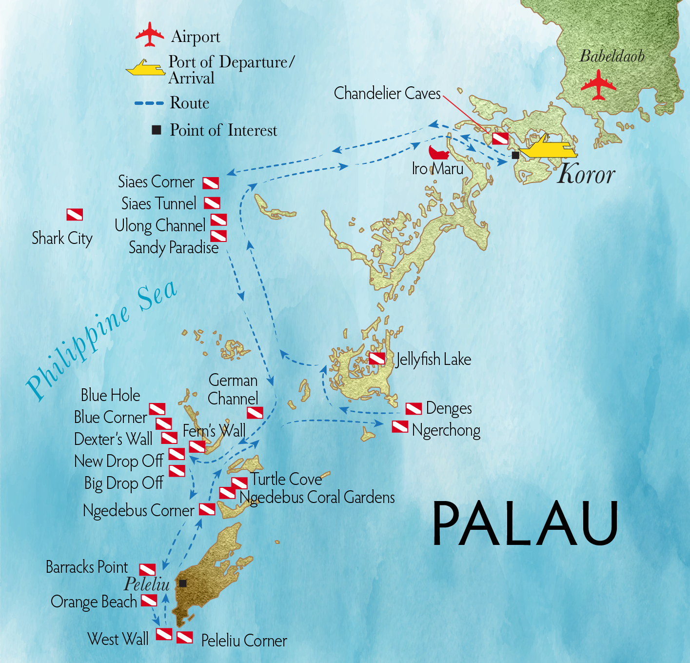 Palau liveaboard route map showing Sorong, Mansuar, Manta Ridge, Penemu, Misool, Daram, Warakaret, Batanta, Salawati, Halmahera Sea and Ceram Sea