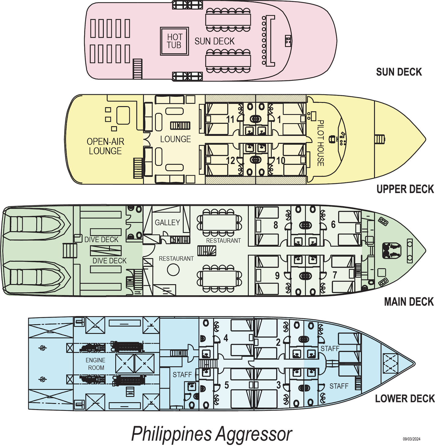 Detailed deck plan of the Philippines Aggressor showing cabin layouts and common areas