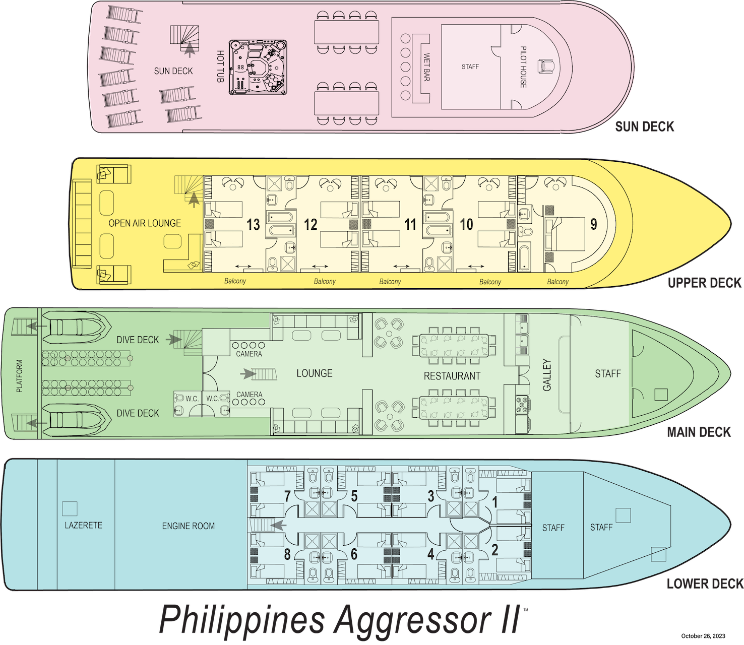 Detailed deck plan of Philippine Aggressor II showing cabin layouts and common areas