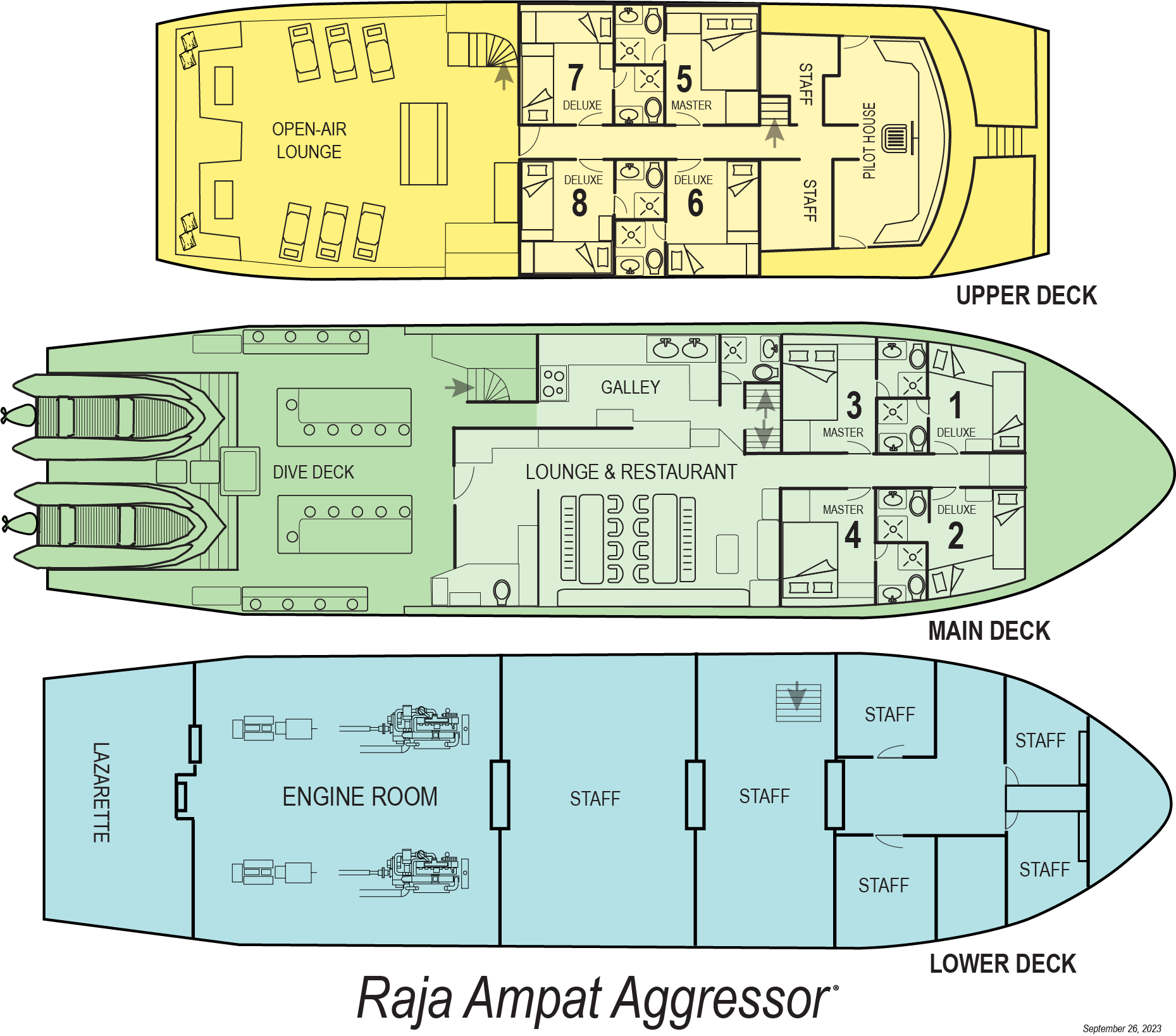 Detailed deck plan of Raja Ampat Aggressor showing cabin layouts and common areas