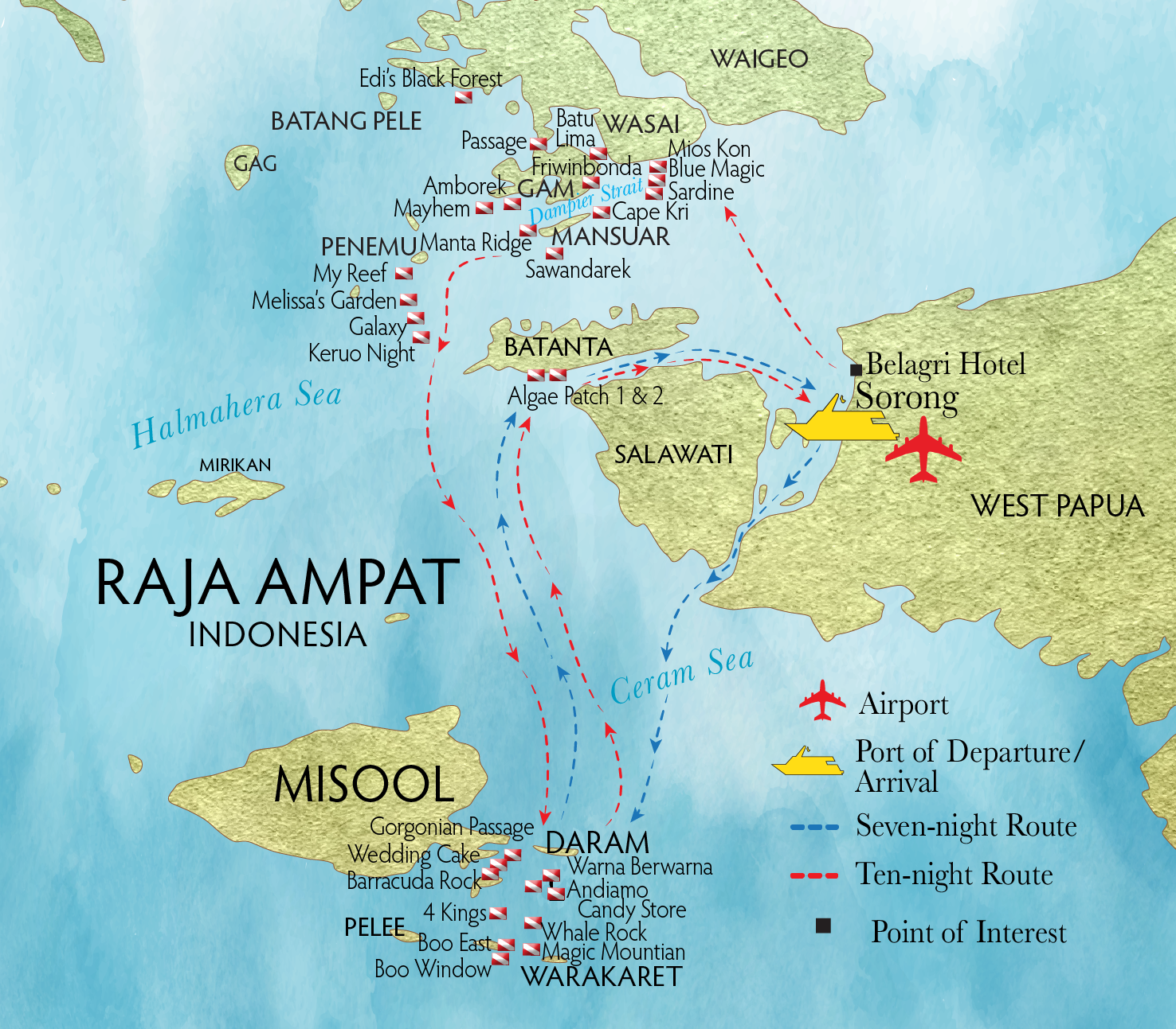 Raja Ampat liveaboard route map showing Sorong, Mansuar, Manta Ridge, Penemu, Misool, Daram, Warakaret, Batanta, Salawati, Halmahera Sea and Ceram Sea