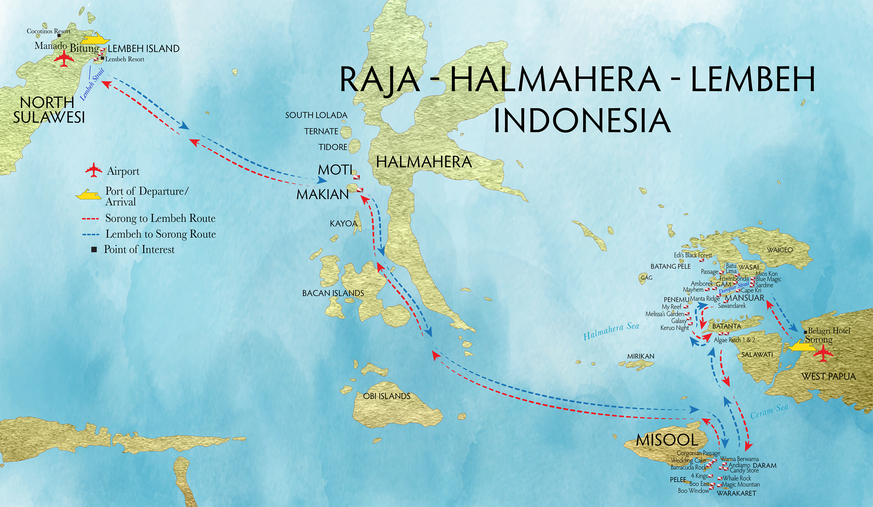 Raja Ampat liveaboard route map showing route from Sorong to Halamahera and on to Lembeh in Sulawesi