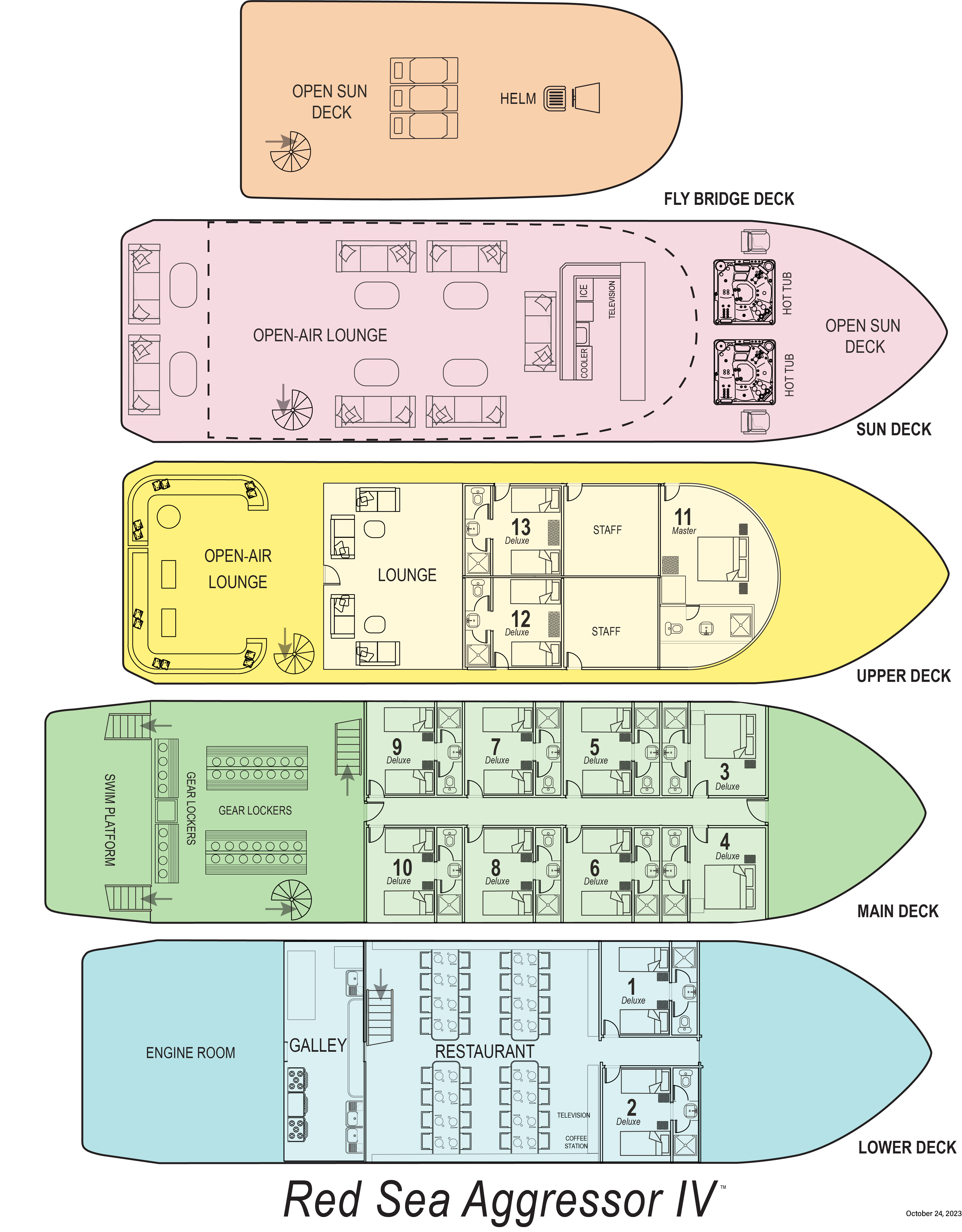 Detailed deck plan of Red Sea  Aggressor IV showing cabin layouts and common areas