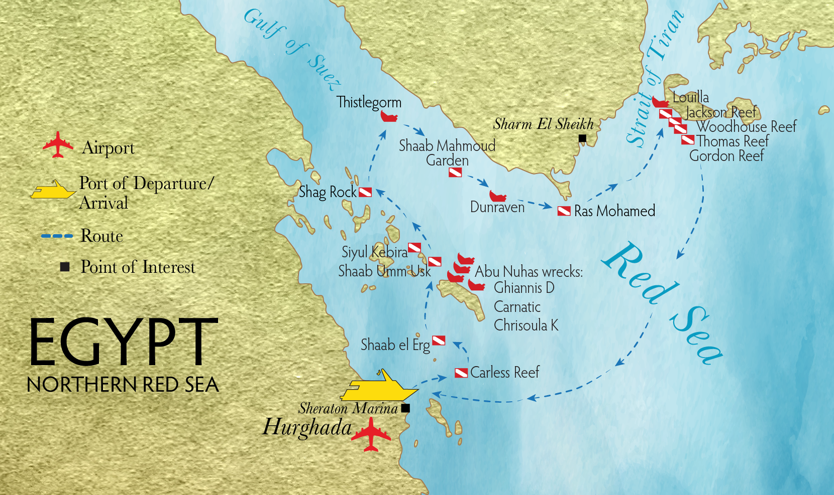 Northern Red Sea  liveaboard route map showing Northern Red Sea from Hurghada, Gulf of Suez and the Straits of Tiran, including the position of the SS Thistlegorm, Ras Mohamed National Park near Sharm El Sheikh, Jackson Reef and the Abu Nuhas wrecks.