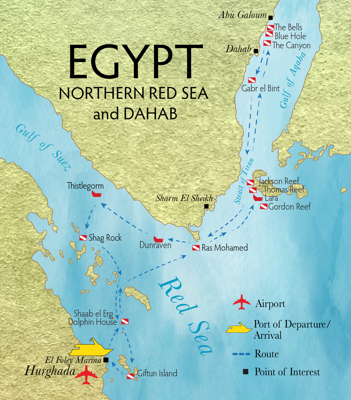 Northern Red Sea  liveaboard route map showing Northern Red Sea and Dahab route from Hurghada, Gulf of Suez and the Straits of Tiran, including the position of the SS Thistlegorm, Ras Mohamed National Park near Sharm El Sheikh, Jackson Reef, Blue Hole and Giftun Island.