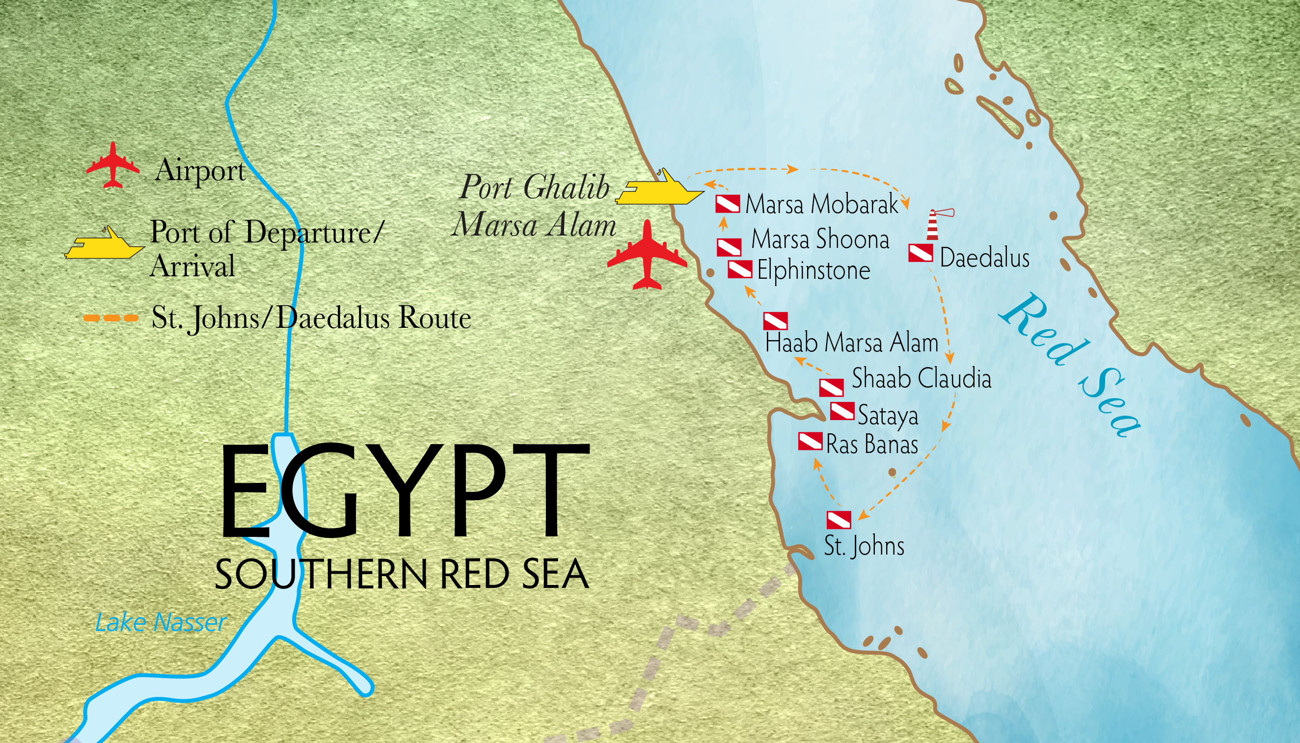 Southern Red Sea  liveaboard map showing the Brothers - Daedalus - Elphinstone route from Port Ghalib, also including Torombi, Haab Marsa Alam, Marsa Shoona and Marsa Mobarak.