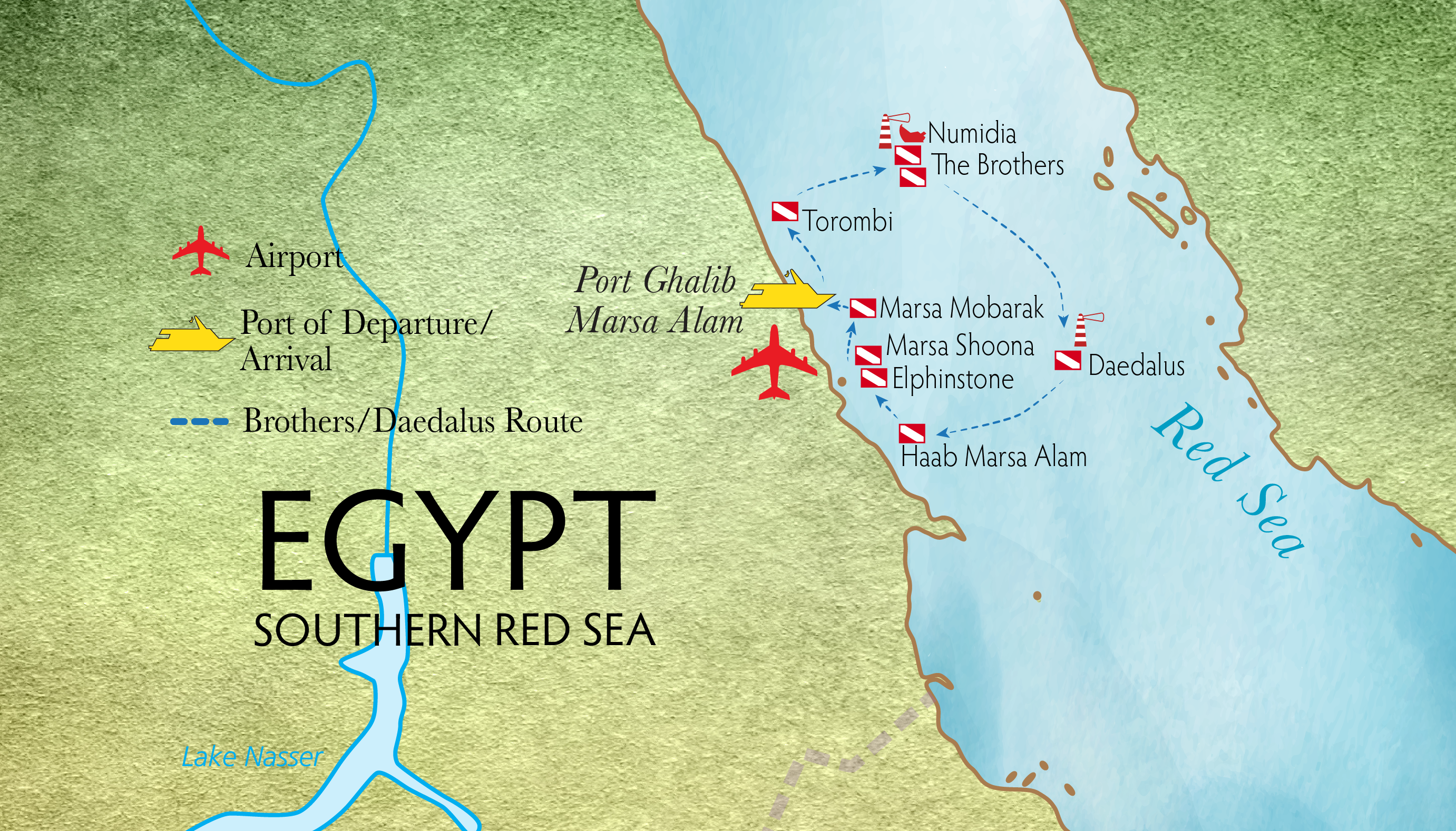 Southern Red Sea  liveaboard route map showing the Sorthern Red Sea St. Johns - Daedalus route from Port Ghalib, Elphinstone, Sataya, Ras Banas and Marsa Shoona.