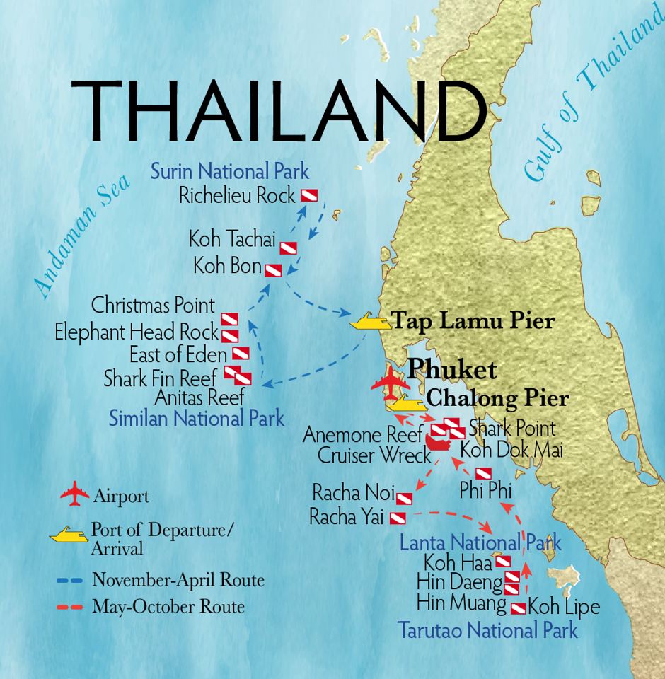 Thailand liveaboard route map showing North Andaman Sea, South Andaman Sea, Richelieu Rock, Surin National Park, Koh Tachai, Koh Bon, Similan National Park, Elephant Head Roack, Shark Fin Reef, Lanta National Park, Tarutao National Park, Racha Noi, Raha Yai, Koh Lipe, Hin Daeng and Anemone Reef